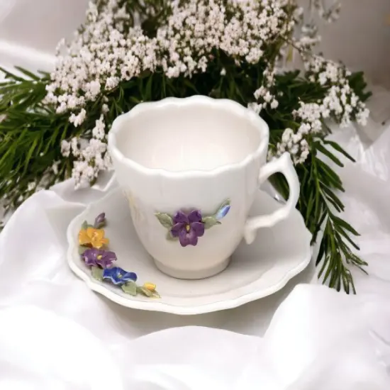 Ceramic Pansy Flower Mini Cup and Saucer Figurine, Home D&eacute;cor, Gift for Her, Gift for Mom, Kitchen D&eacute;cor {2}