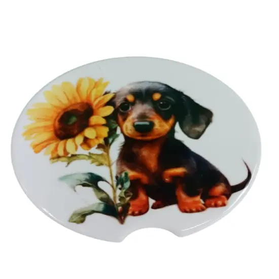 Adorable Dachshund with Sunflower Ceramic Car Coaster Set 2.56" (2 Pack) {1}