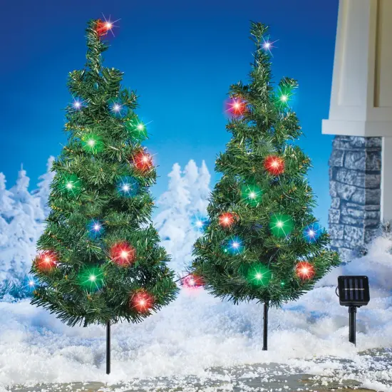 Collections Etc Solar Christmas Trees Set with Multicolor Lights {1}