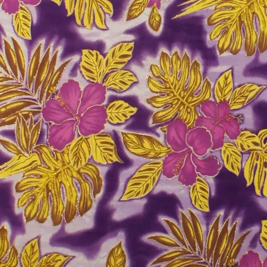 1 Yard Hibiscus Plumeria Monstera Palm Leaves Glitter Polyester Fabric 60 Inch Width Green {5}