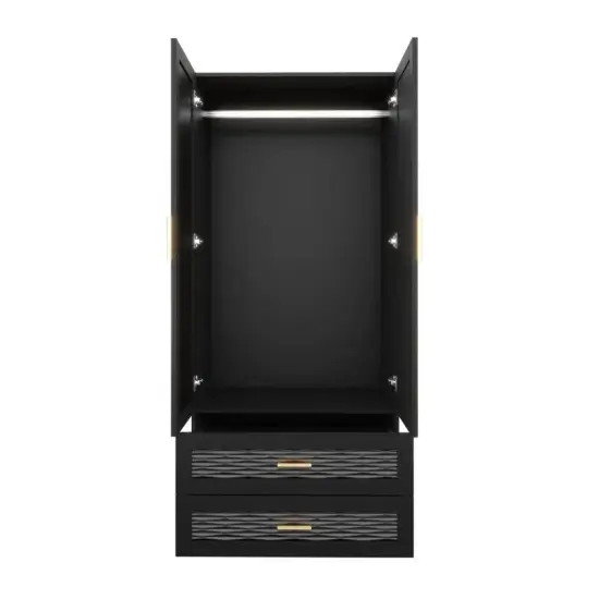 Modern Black Armoire Wardrobe Closet with Mirror Hanging Rod and 2 Drawers for Bedroom {5}