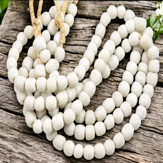 10-12mm Opaque Bone White African Recycled Glass Beads (19" Strand) {4}