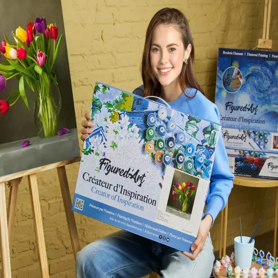 Figured'Art Paint by Numbers for Adults with Frame Multicolored Flowers 16"x20" - Craft Art Painting DIY Kit Canvas Already Stretched on a Wooden Frame {2}