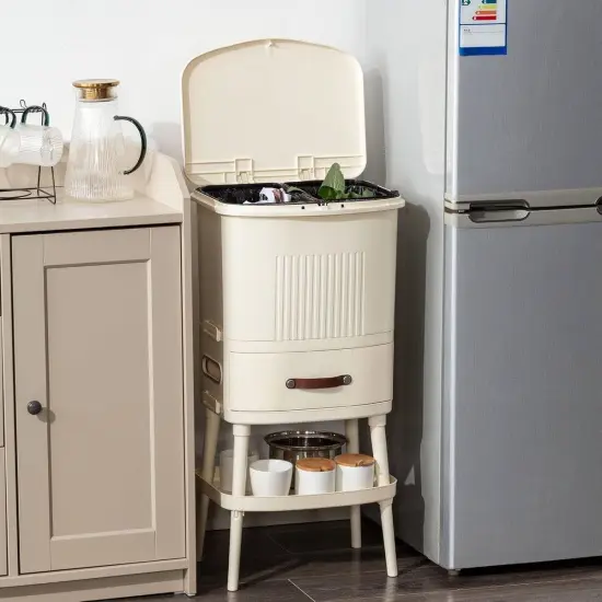 Cream Polypropylene Trash Can Dual-Compartment Storage Bin with Drawer and Tissue Holders {3}