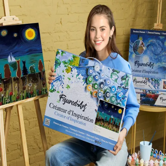 Figured'Art Paint by Numbers for Adults with Frame Starry Night with Animals 16"x20" - Craft Art Painting DIY Kit Canvas Already Stretched on a Wooden Frame {2}