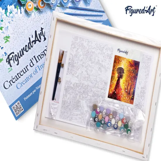 Figured'Art Paint by Numbers Kit for Adults with Frame Autumn Forest and Woman with Umbrella 16"x20" - Craft Art Painting DIY Kit Canvas Already Stretched on a Wooden Frame {5}