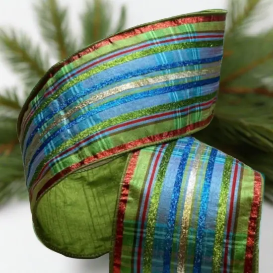 4" Faux Dupion Plaid Glitter Ribbon: Aqua (5 Yards) {2}