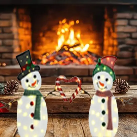 Set of Two Heart Snowmen 30" & 32" Lighted Holiday Decorations {3}