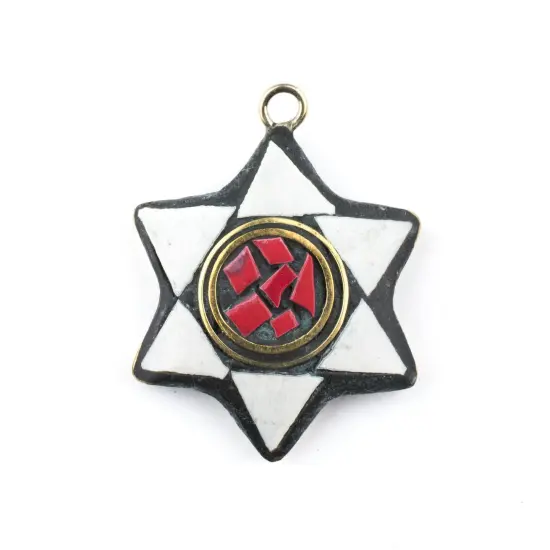 The Bead Chest Nepali Star of David Pendant: Authentic Ethnic Judaica Brass Charm Inlaid with Stone for DIY Necklace and Jewelry (White & Red) {1}