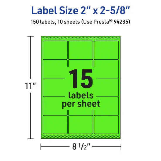 Avery Neon Green Paper Labels, 2" x 2-5/8" Rectangle {5}