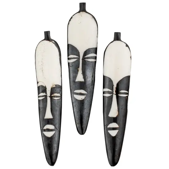The Bead Chest Elongated Mask Batik Bone Feather Pendant 100x22mm Kenya African Black and White Flat Handmade {4}