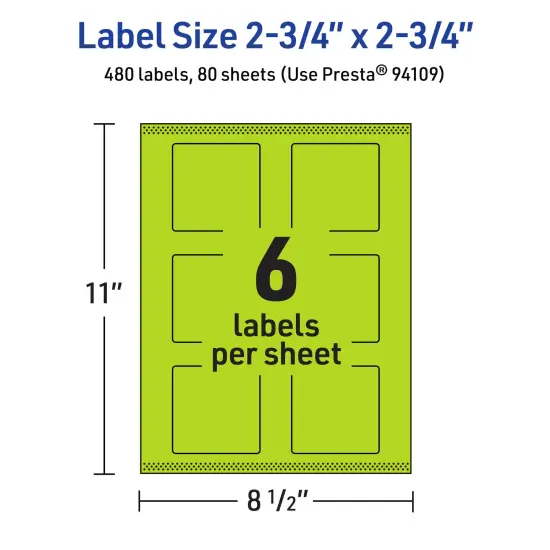 Avery Bright Green Paper Labels, 2.75" x 2.75" Square {5}