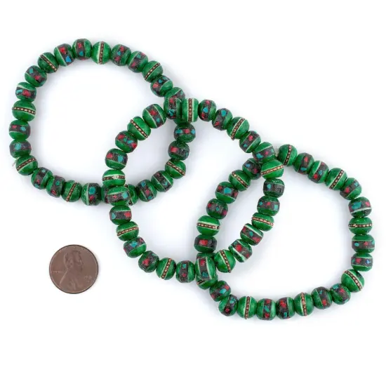 The Bead Chest Mala Stretch Bracelet, Green - Stackable Nepal Bone Inlaid with Turquoise & Coral Colors, 100% Authentic and Genuine {2}