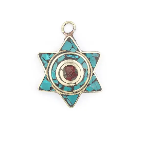 The Bead Chest Nepali Star of David Pendant: Authentic Ethnic Judaica Brass Charm Inlaid with Stone for DIY Necklace and Jewelry (Turquoise & Coral) {1}