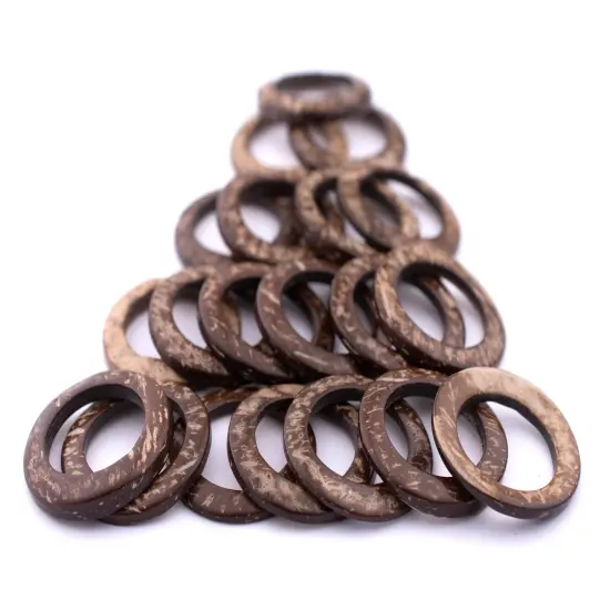 The Bead Chest Natural Coconut Shell Ring Pendants 35mm, Set of 20 Brown Wood Large Hole {5}