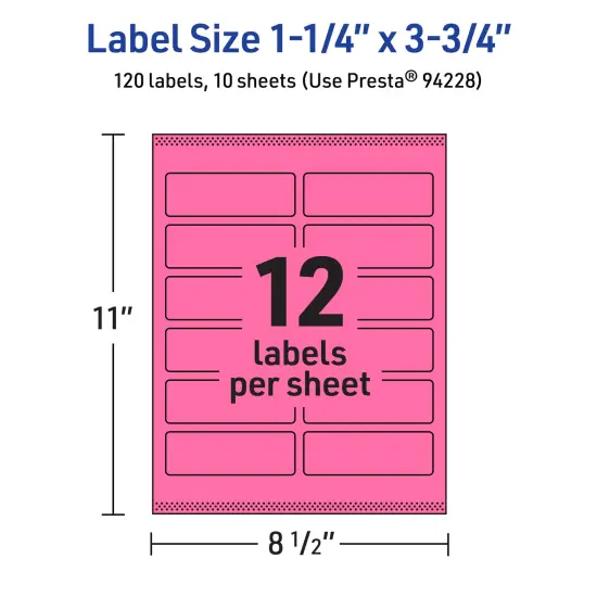 Avery Bright Pink Paper Labels, 1.25" x 3.75" Rectangle {5}