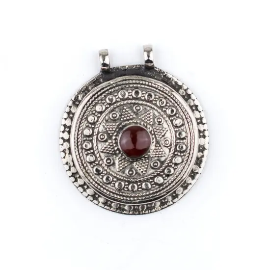 The Bead Chest Carnelian-Inlaid Afghan Tribal Pendant (40x45mm) {1}