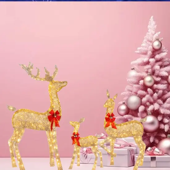 Elegant Champagne Rattan Deer Trio for Holiday Lawn and Entryway Displays 63" + 52" + 37" {3}