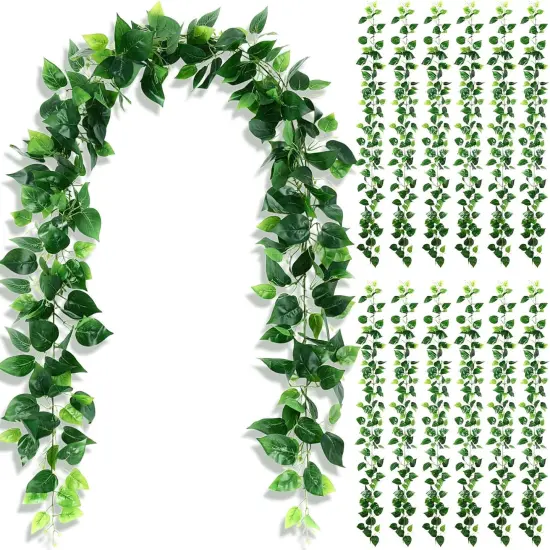12 Pcs 5.6ft Artificial Wedding Scindapsus Vines Garland Faux Vine Garlands Realistic Plastic Leaves Fake Hanging Greenery Plant for Wedding Centerpiece Table Party Indoor Outdoor Wall Decor {1}