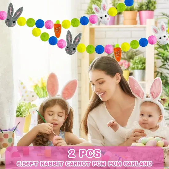 2 PCS Easter Wool Felt Ball Garland Rabbit Carrot Pom Pom Garlands, 6.56 Feet Bunny Hanging Banners, Bunny Wall Decors(White+Grey) {2}