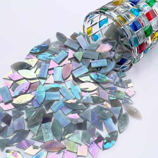 LITMIND Iridescent Ash Gray Stained Glass Mosaic Tiles for Crafts - 240 Pieces, 5 Shapes Mixed (Rectangle, Triangle, Rhombus, Square, Leaf) - Ideal for Mosaic Making Projects and Beginners {4}