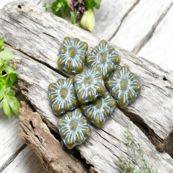 *13* 11mm Metallic Turquise Washed Pale Blue Travertine Square Zinnia Flower Beads {4}