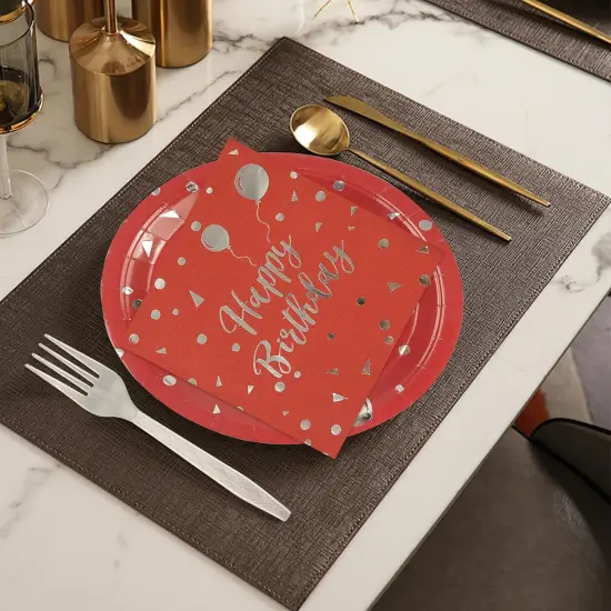 75PCS Happy Birthday Paper Plates Set, Disposable Party Dessert Plates Dinnerware Napkins Plastic Forks Tableware Guests for 2025 New Year Birthday Party Decoration, Serve 25 (Red, 7IN) {4}