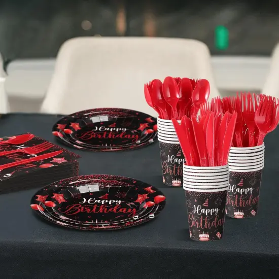 350 Pcs Happy Birthday Party Supplies Disposable Party Tableware Set Serves 50 Included Plates Napkins Cups Cutlery for Men Woman 50th 80th Birthday Party Decorations (Black Red) {5}