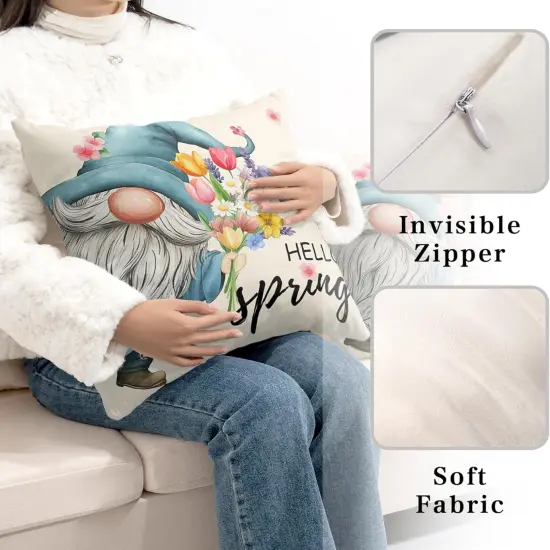 Hello Spring Pillow Covers 18x18 Set of 2 Gnome with Floral Throw Pillow Covers Colorful Flowers Decorative Pillow Case Cotton Blend Cushion Case for Living Room Couch Sofa {3}