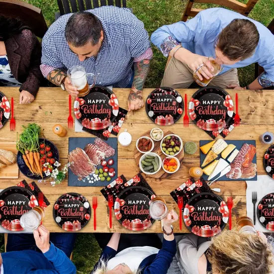 96 Pieces Red and Black Tableware Set Confetti Sprinkles Happy Birthday Party Decorations Table Decors for Men Women Plates Napkins Forks for 24 Guests {5}