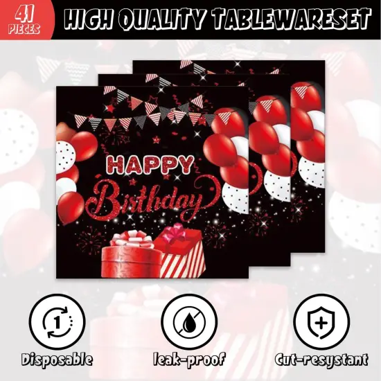 41pcs Black and red Party Supplies ,include 20 Plates, 20 Napkin and 1pcs Tablecloth,Used for Black and red Birthday Party Decoration (AAA) {4}