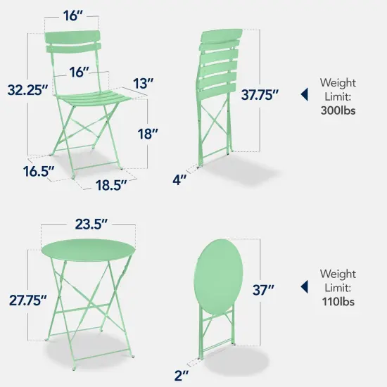 Best Choice Products 3-Piece Small Bistro Set, Folding Patio Furniture Set of 2 Chairs and Table Mint Green {2}