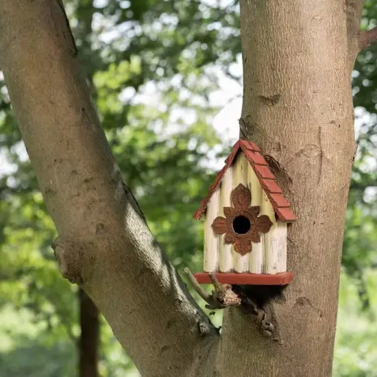 Retro Red Solid Wood Metal A-Frame Birdhouse with Hanging Ring and Easy Clean-out {4}