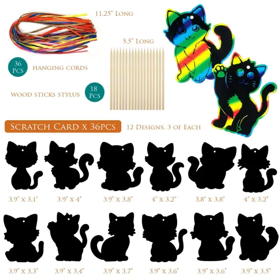 Wrapables 36pc Rainbow Scratch Arts Ornaments, DIY Magic Scratch Arts and Crafts, Cats {2}