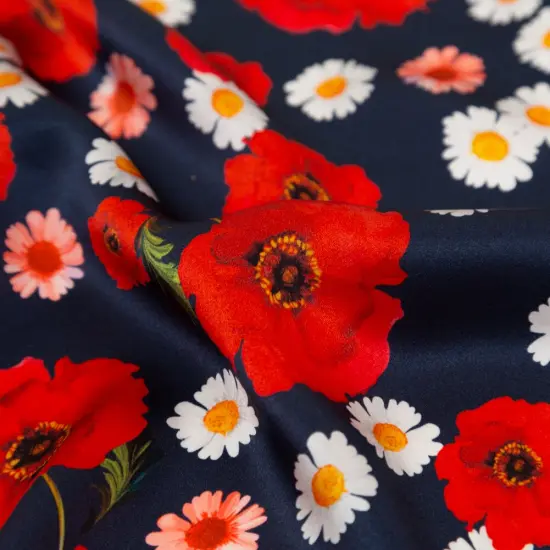 1 Yard Navy Red Gray Floral Border Digital Silk Charmeuse Fabric 55 inch Width {2}