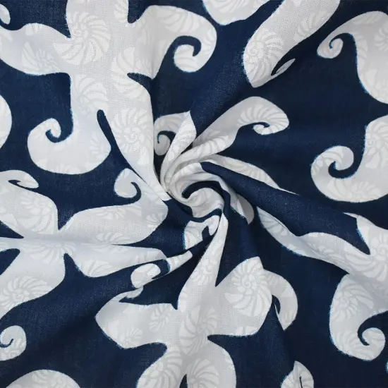 Deep Blue-White Cotton Star Fish-Shell Printed Gauze Woven Fabric By the Yard {1}