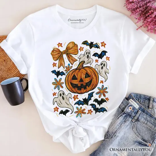 Pumpkin Ghosts Coquette Bow T-Shirt, Retro Fall Spooky Tee for Cute Trick-or-Treaters {7}