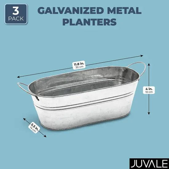 Galvanized Metal Oval Planter with Handles for Decor (11.8 x 5.5 x 4 in, 3 Pack) Silver {2}