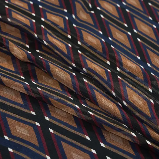 1 Yard Brown, Red & Blue Geometric Crinkled Silk Chiffon Overlay Fabric 51 Inch Width {3}