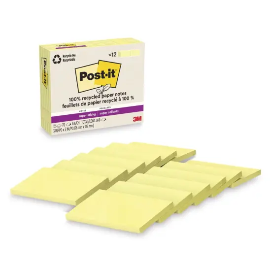Post-it Recycled Super Sticky Notes - Canary Yellow, 3" x 5", Pkg of 12 {1}
