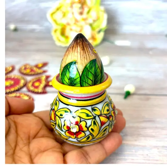 White Marble Kalash Indian Mini Mangal Kalash Decorated Coconut for Wedding Shagun Decorative Nariyal for Wedding Pooja Indian Festival Housewarming Gifts (3 Inches) {2}