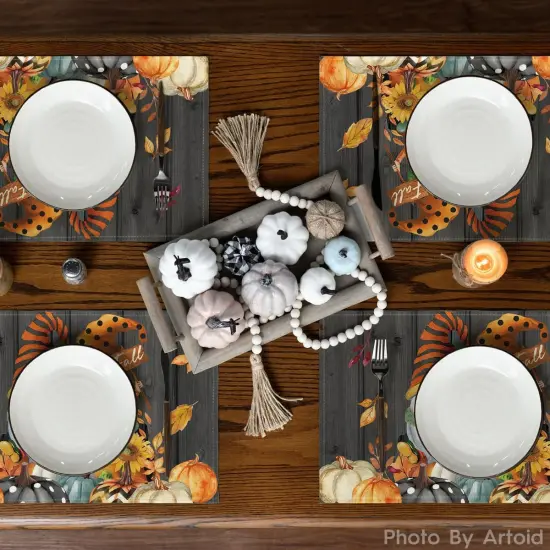 Set of 4 Gnomes Pumpkins Fall Placemats - 12x18 Inch (Black) {3}