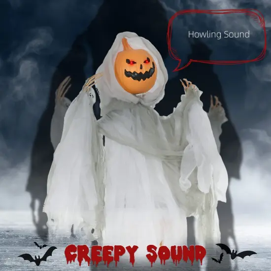 3.9' Outdoor Halloween Hanging Pumpkin Ghost with Light Up Eyes, Sound Activated Prop with Creepy Howling Sounds {4}