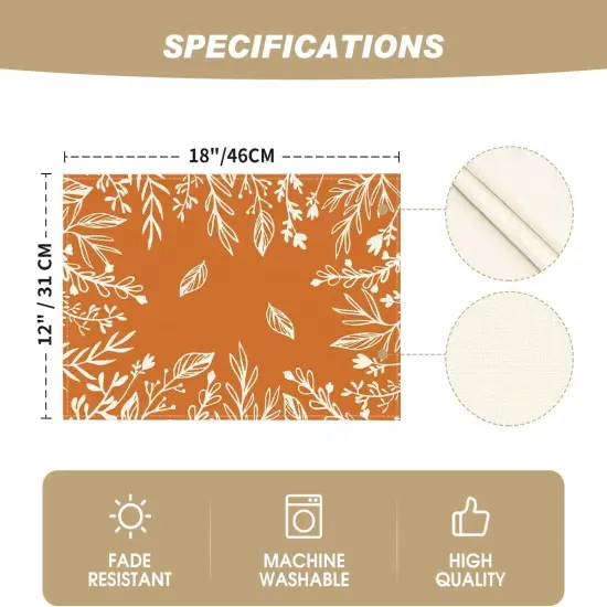 Set of 6 Eucalyptus Leaves Fall Placemats - 12x18 Inch (Orange/White) {5}