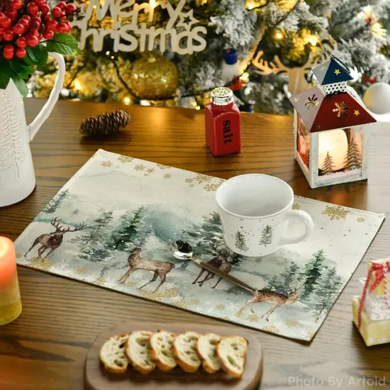 Watercolor Deer Trees Snowflakes Christmas Placemats for Dining Table(green) {3}