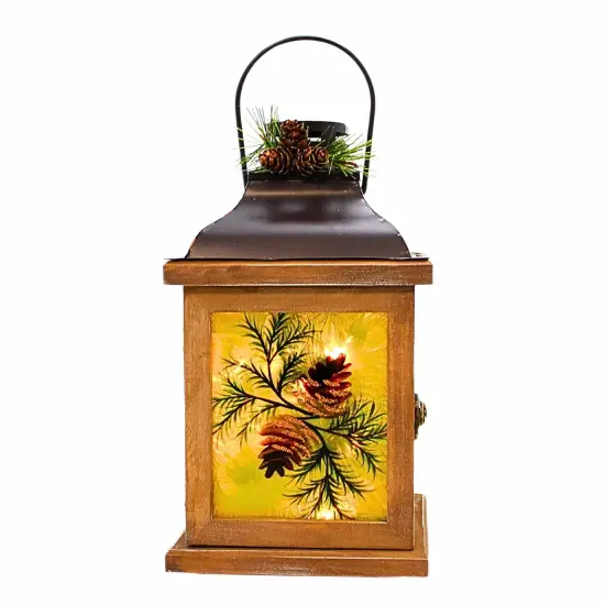 Stony Creek 10.5 Inch Whispering Pines Pre-Lit Lantern Thanksgiving Lighted Glass Accent , Christmas Decor Pine Cones Greenery Multicolored {1}