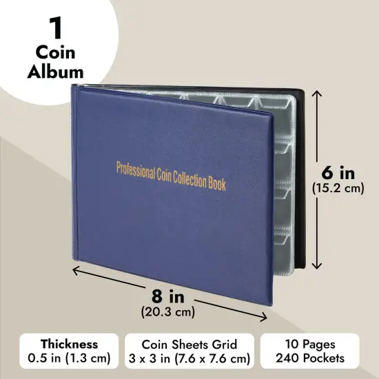 Juvale 240 Pocket Coin Holders for Collectors - Coin Collection Album for Pennies, Quarters, Rare Coins (Dark Blue) {4}