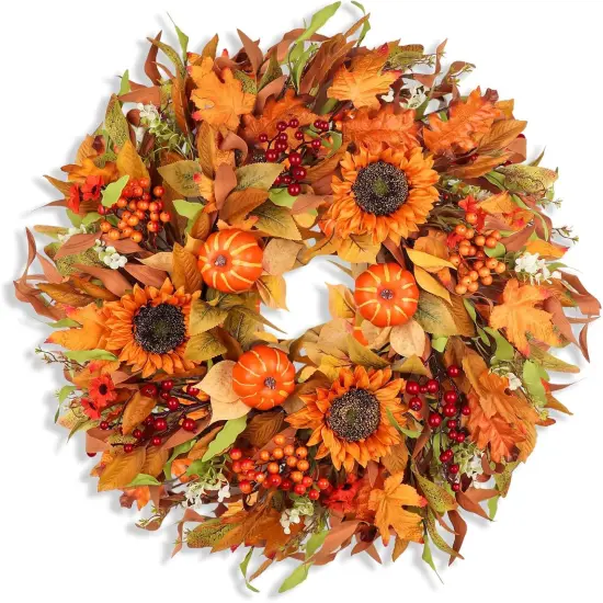 24" Fall Wreaths with Pumpkins, Sunflowers, Daisies, and Berries {1}