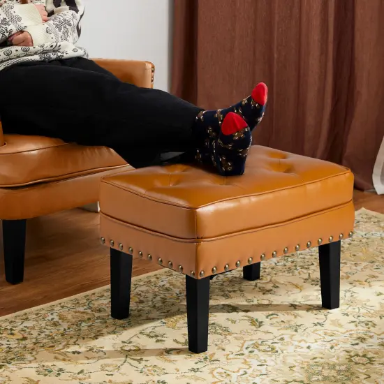 22"W Mid-century PU Leather Tufted Ottoman Foot Stool {11}