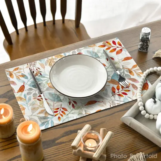 Set of 6 Eucalyptus Fall Placemats Set - 12x18 Inch (Orange/Blue) {4}